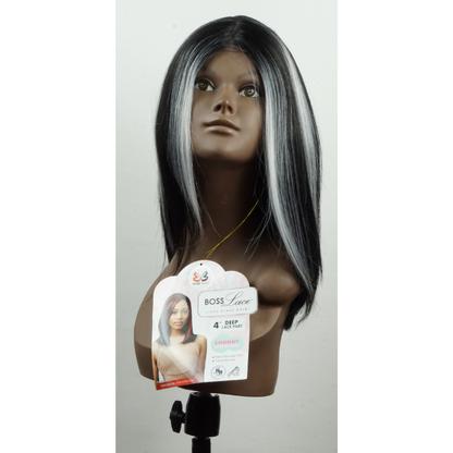 Boss Lace Wig - Chunky - Perruque en dentelle profonde de 4 pouces en noir avec reflets blancs