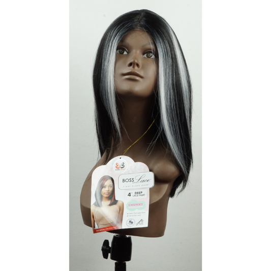 Boss Lace Wig - Chunky - Perruque en dentelle profonde de 4 pouces en noir avec reflets blancs