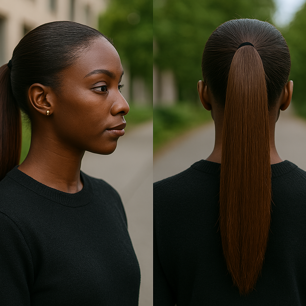 Extensions de cheveux queue de cheval longues et droites en brun foncé